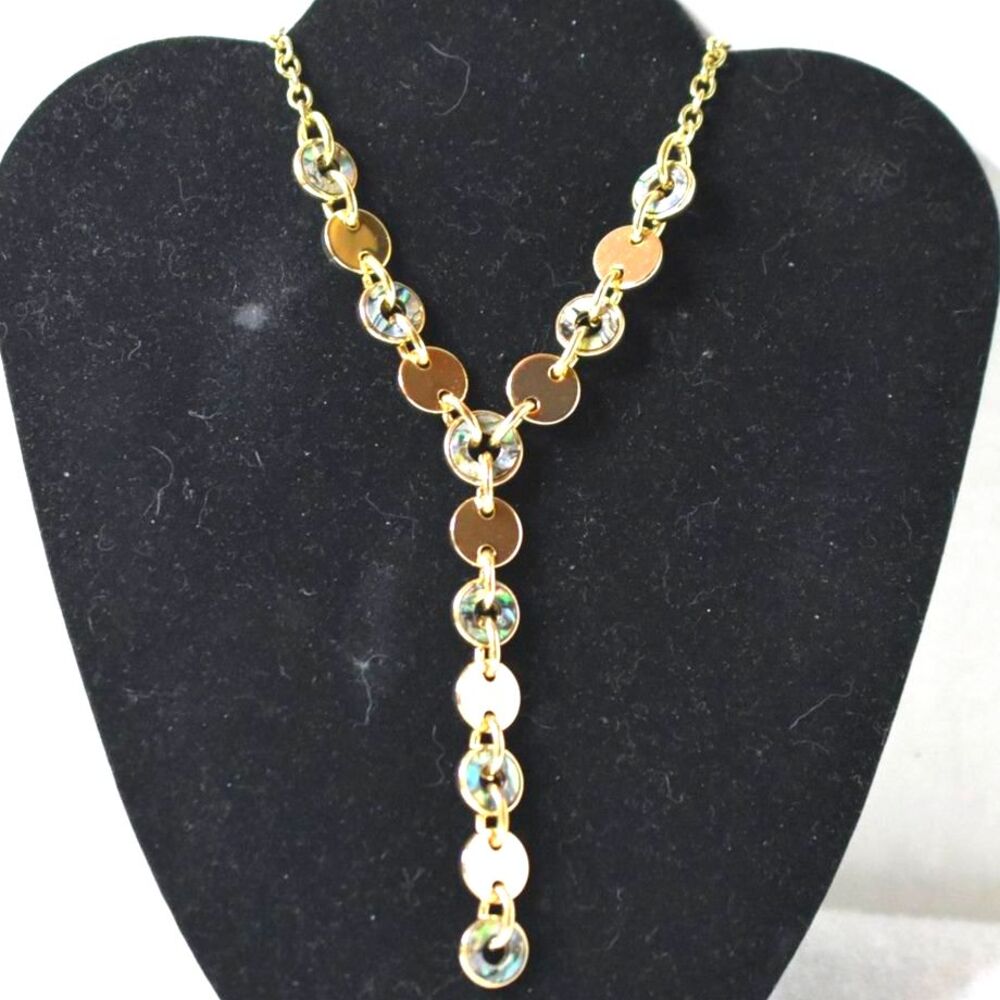 Vintage EC Y Shaped Flapper Style Abalone/Gold Tone Disc Link Statement Necklace